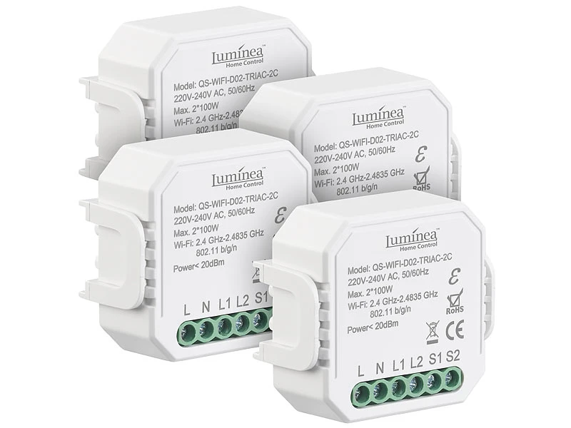 Luminea Home Control Dimmer-Schalter LED:4er-Set WLAN-Unterputz-2-Kanal-Lichtschalter & -Dimmer, App