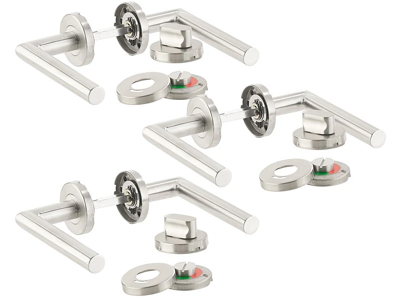AGT Moderne Türbeschläge:3er-Set Edelstahl-Türbeschlag Für Bad & WC, 6 Klinken & Rosetten, Rund