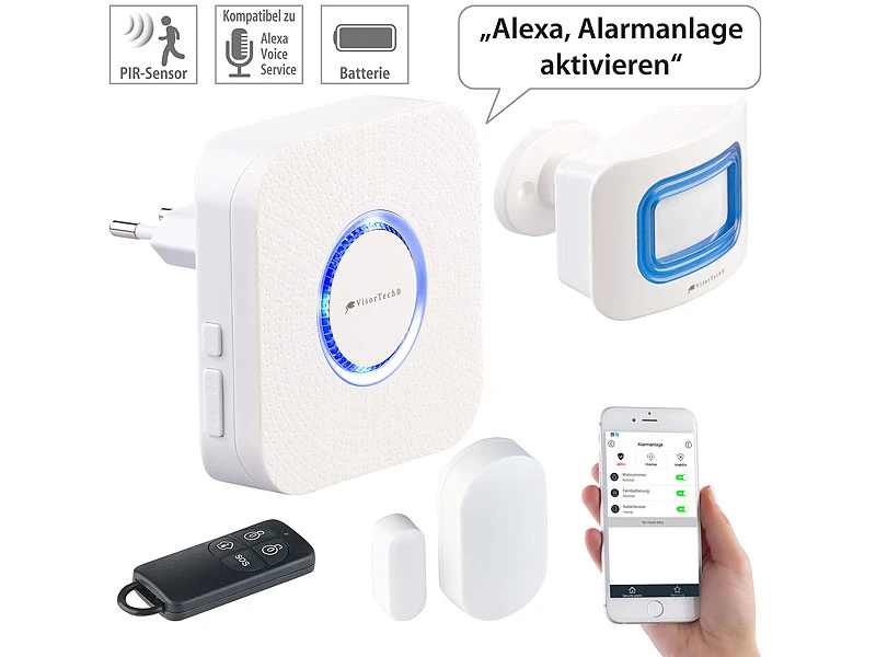 VisorTech WiFi Alarmanlage:4-teilige WLAN-Alarmanlage, Alexa-kompatibel, Für Bis 50 Sensoren, App
