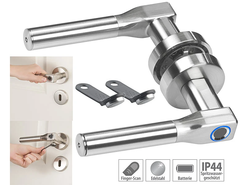VisorTech Elektronischer Türgriff:Sicherheits-Türbeschlag, Fingerprint-Scanner & Transponder, DIN Rechts