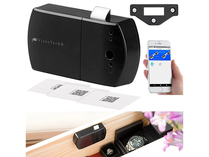 VisorTech Schrankschloss:Schubladen- & Schranktüren-Schloss Mit RFID-Schlüssel, Bluetooth, App
