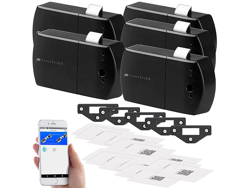 VisorTech Elektronisches Schloss:5er-Set Schubladen- & Schranktüren-Schloss Mit RFID-Schlüssel, BT, App - Image 2