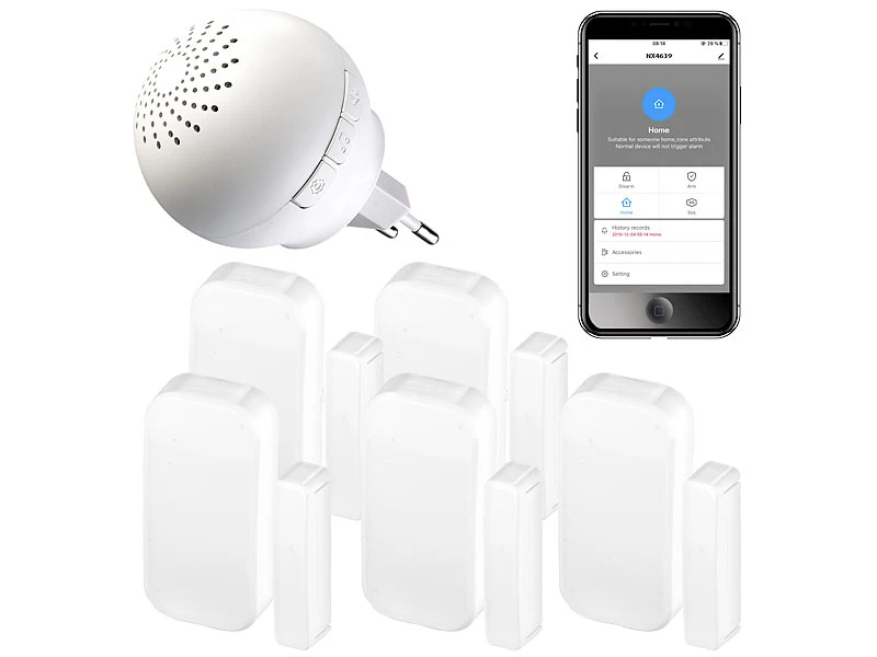 VisorTech Alarmsysteme:6-teiliges WLAN-Alarmsystem Für Funkgeräte, 5x Fenster-/Türsensor, App