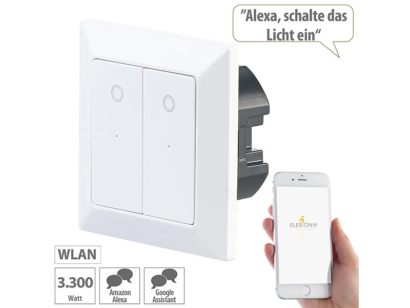Luminea Home Control WLAN Taster:Doppel-Lichttaster Mit WLAN, App, Für Siri, Alexa & Google Assistant