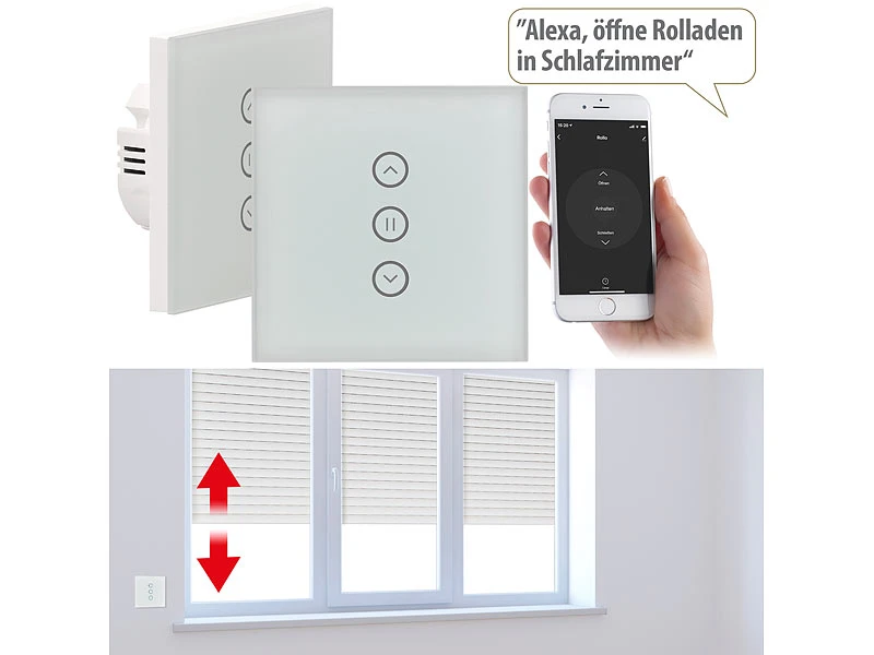 Luminea Home Control WiFi Rolladenschalter:2er-Set Rollladen-Touch-Unterputz-Steuerung, App & Sprachsteuerung