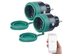 Luminea Home Control Zeitschaltuhr Außen:2er-Set Outdoor-WLAN-Steckdosen F. Alexa, Siri & Google Assistant, 16A