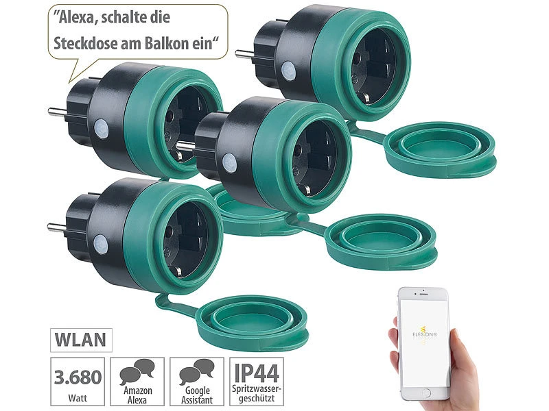 Luminea Home Control WLAN Steckdose Außen:4er-Set Outdoor-WLAN-Steckdosen F. Alexa, Siri & Google Assistant, 16A - Image 2