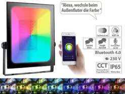 Luminea Home Control RGB-Strahler Außen:Outdoor-Fluter Mit RGB-CCT-LEDs, Bluetooth & App, Versandrückläufer