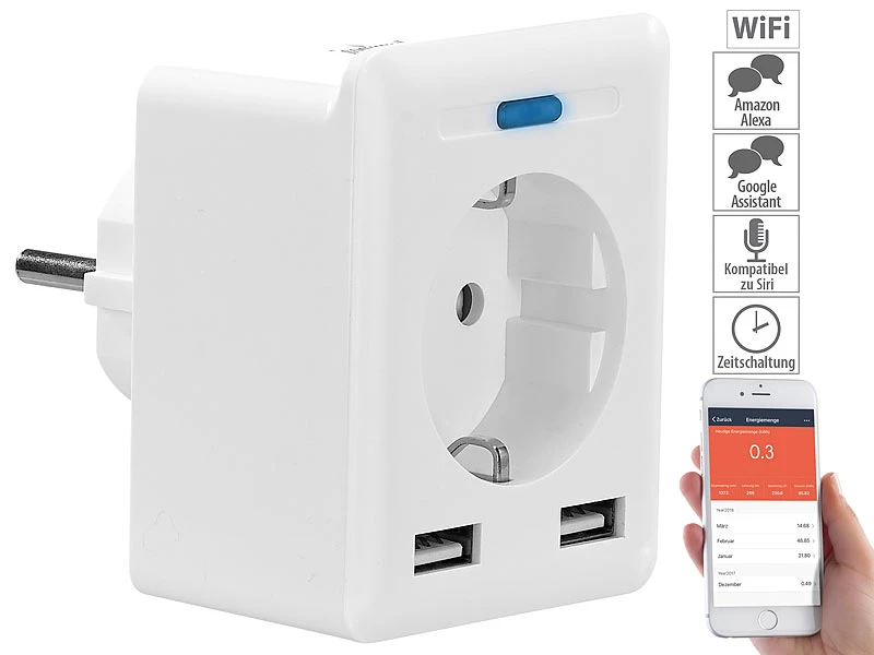 Luminea Home Control Energie Monitor:2er-Set WLAN-Steckdosen, 2 USB, App, Komp. Zu Alexa, Google, Siri - Image 8