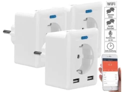 Luminea Home Control Smarte Steckdosen:3er-Set WLAN-Steckdosen, USB, App, Für Alexa, Google Assistant & Siri