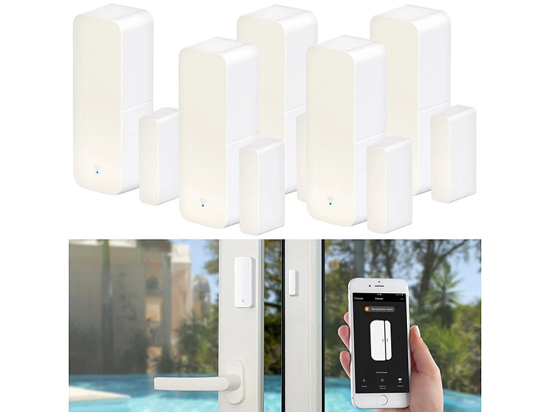 Luminea Home Control WLAN Fensterkontakt:5er-Set WLAN-Tür- & Fensteralarm Mit App, Für Alexa & Google Assistant - Image 2