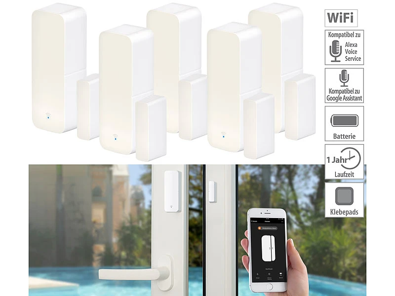 Luminea Home Control WLAN Fensterkontakt:5er-Set WLAN-Tür- & Fensteralarm Mit App, Für Alexa & Google Assistant