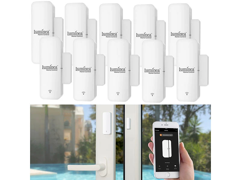 Luminea Home Control Fensterkontakte:10er-Set WLAN-Tür- & Fensteralarm, App, Für Alexa & Google Assistant - Image 2