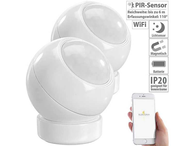 Luminea Home Control Dämmerungssensor:2er-Set WLAN-PIR-Bewegungsmelder Und Lichtsensor Mit App