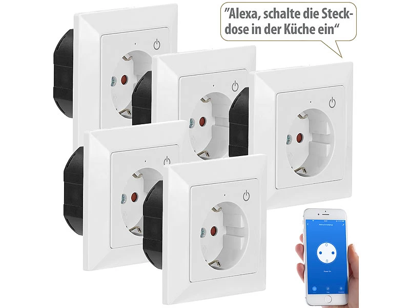 Luminea Home Control Smart Steckdosen:WLAN-Unterputz-Steckdose Mit App, Für Siri, Alexa & GA, 5er Pack