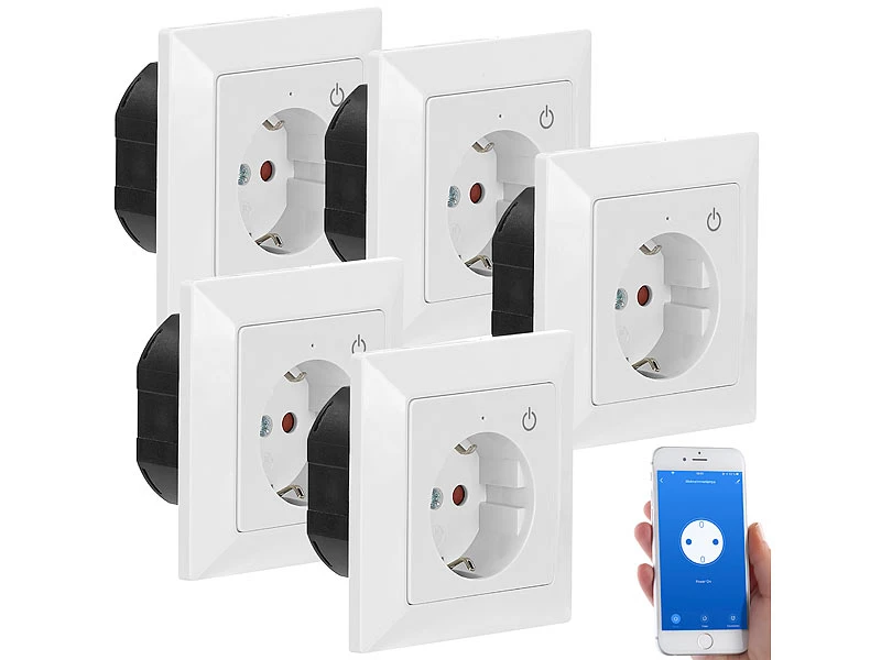 Luminea Home Control Smart Steckdosen:WLAN-Unterputz-Steckdose Mit App, Für Siri, Alexa & GA, 5er Pack - Image 2