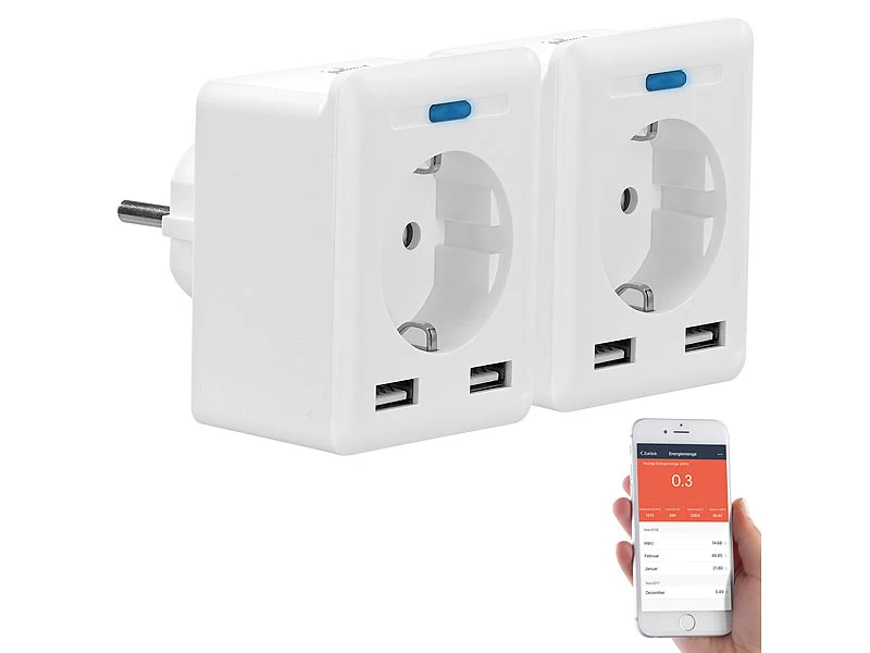 Luminea Home Control Energie Monitor:2er-Set WLAN-Steckdosen, 2 USB, App, Komp. Zu Alexa, Google, Siri - Image 2
