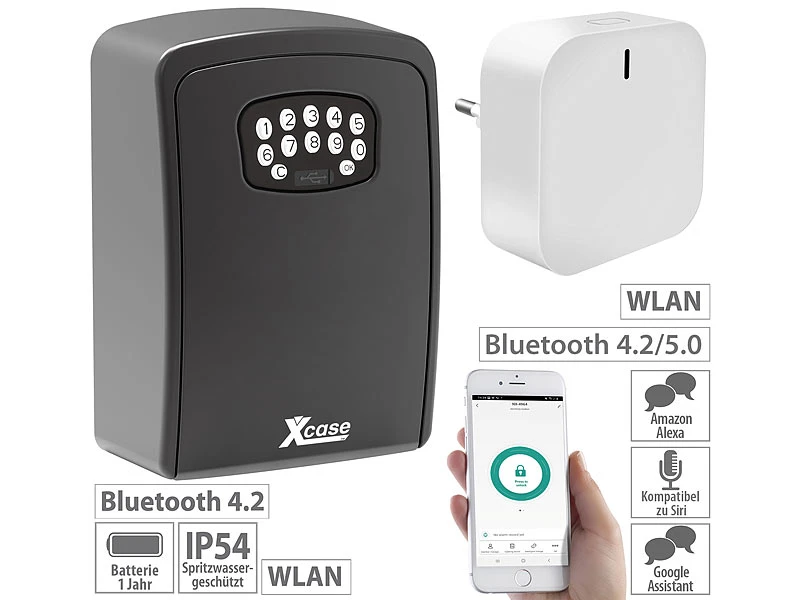 Xcase Schlüsseltresor Mit App:Mini-Schlüssel-Safe Mit App Und WLAN-Gateway Mit Bluetooth-Mesh, IP54