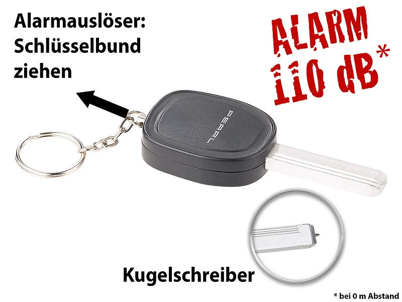VisorTech Schlüsselalarm:2er-Set Personenalarm Im Autoschlüssel-Design, 110-dB-Sirene, Kuli - Image 12