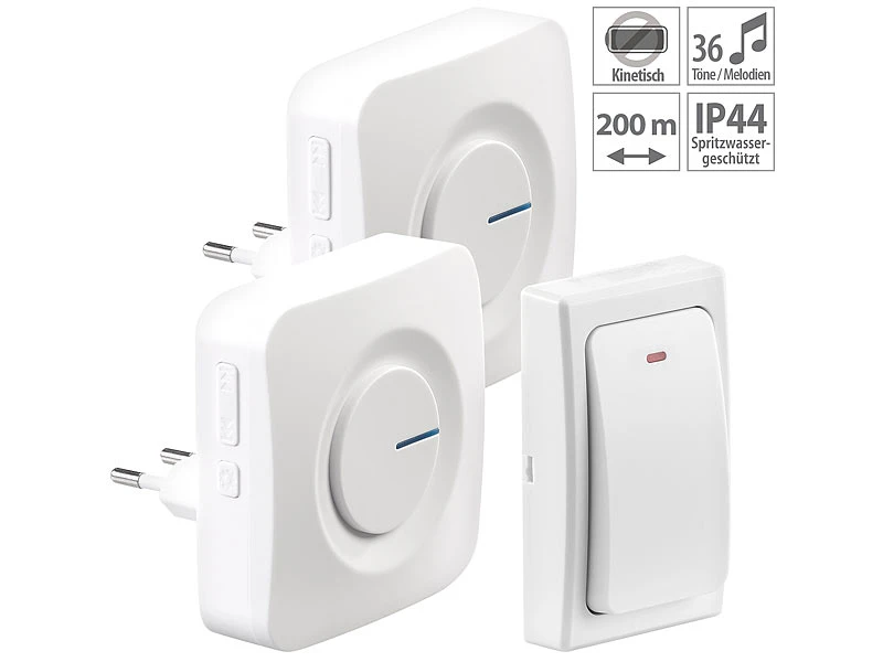 CASAcontrol Kinetische Klingel:Batterielose Funk-Türklingel, 2 Steckdosen-Empfänger, 36 Töne, IP44