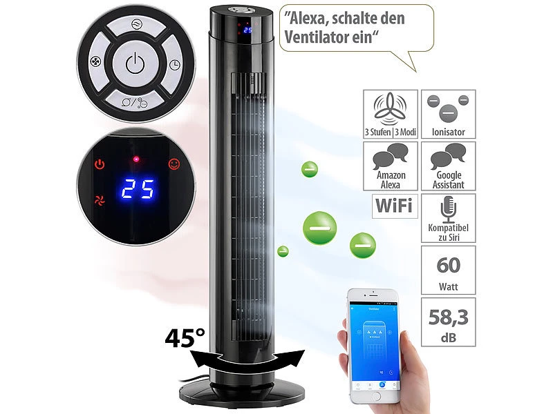 Sichler Turm-Lüfter-Ventilator:Turmventilator, Ionisator, WLAN & App, Siri, Versandrückläufer