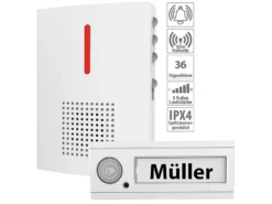 CASAcontrol Funkgong:Funk-Türklingel + 2 Empfänger, Licht & Ton Signal, IPX4, Weiß