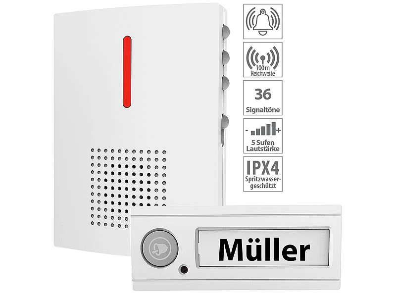 CASAcontrol Funkgong:Funk-Türklingel + 2 Empfänger, Licht & Ton Signal, IPX4, Weiß