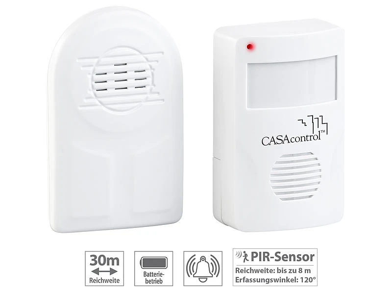 CASAcontrol Bewegungsmelder:Batterie-Funk-Durchgangsmelder, PIR-Bewegungssensor, Klingel-Funktion