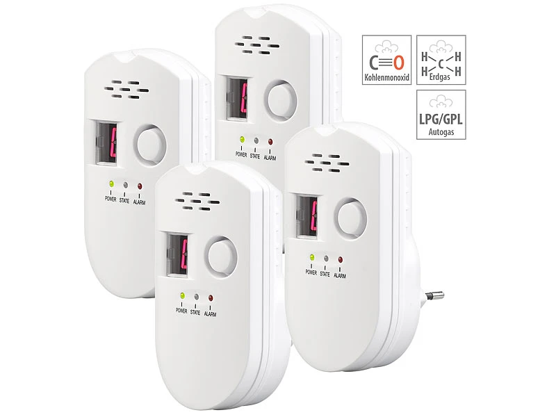 VisorTech Gas-Messgerät:4er-Set Steckdosen-Multi-Gasmelder Für Erdgas Und Autogas, 85 DB