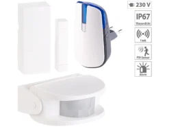 CASAcontrol Durchgangsmelder:Steckdosen-Funkklingel Mit PIR-Bewegungsmelder & Tür- & Fenster-Alarm