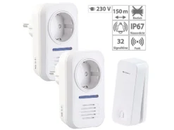 CASAcontrol Funk Türklingel:2 Steckdosen-Funkklingeln & Kinetischer Funk-Taster; 230-V-Steckdose