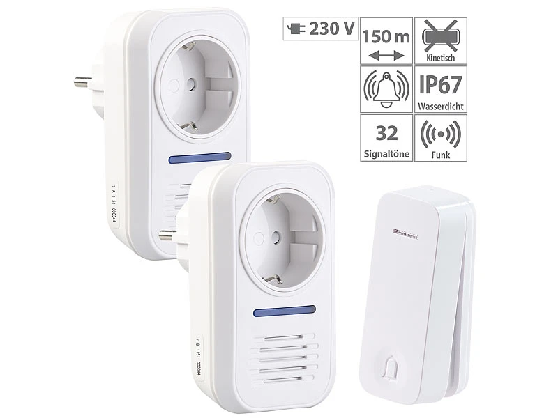 CASAcontrol Funk Türklingel:2 Steckdosen-Funkklingeln & Kinetischer Funk-Taster; 230-V-Steckdose