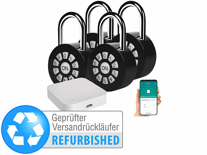 Xcase Kisten-Schloss:4er Metall-Vorhängeschloss Mit Zahlencode Und App, Versandrückläufer