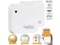Luminea Home Control Sonnensensor:2er-Set Wetterfeste WLAN-Licht- & Dämmerungs-Sensoren Mit App, IP55