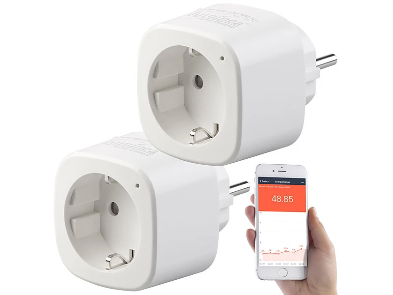 Luminea Home Control Energiemessgerät WLAN:2er-Set WLAN-Steckdosen, Amazon Alexa & Google Assistant Komp., 16 A
