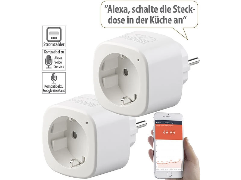 Luminea Home Control Energiemessgerät WLAN:2er-Set WLAN-Steckdosen, Amazon Alexa & Google Assistant Komp., 16 A - Image 2
