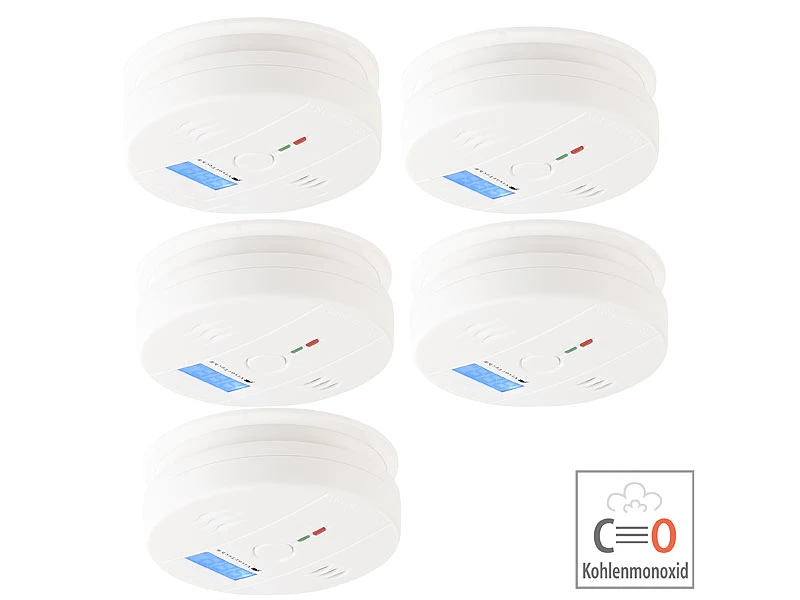 VisorTech Kohlenmonoxydmelder:Digit. Kohlenmonoxid-Melder, LCD-Display, 85dB, EN 50291, 5er-Set