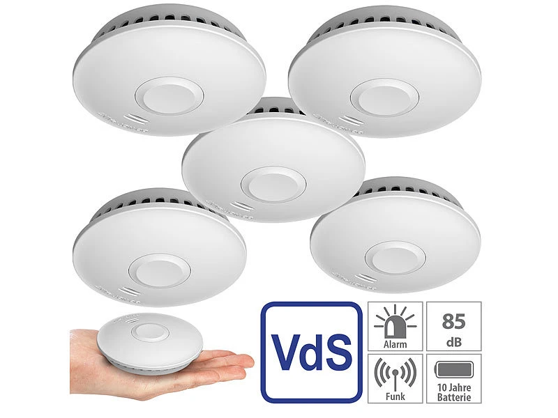 VisorTech Rauchmelder Brandschutz:5er-Set Vernetzbare Funk-Rauchmelder, 85 DB, VdS, 10-J.-Batterie