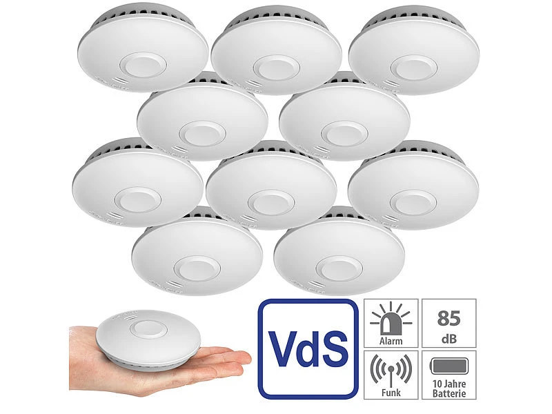 VisorTech Vernetzte Rauchmelder:10er-Set Vernetzbare Funk-Rauchmelder, 85 DB, VdS, 10-J.-Batterie