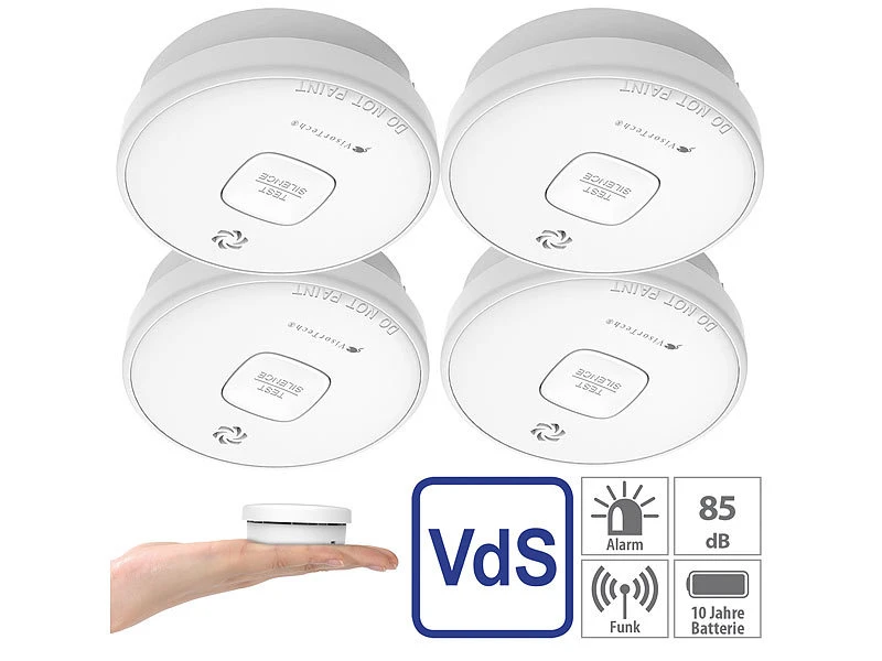 VisorTech Rauchmelder 10 Jahre:4er-Set Fotoelektrische Rauchwarnmelder Mit 10-J.-Batterie, 85 DB, VdS