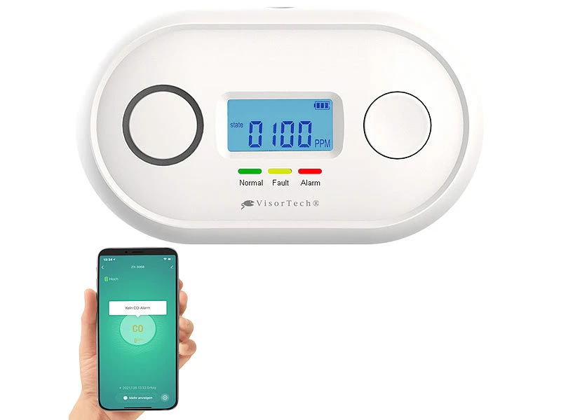 VisorTech Kohlenmonoxid Warner:WLAN-Kohlenmonoxid-Melder, LCD-Display, App, 85dB, Gem. DIN EN 50291-1 - Image 3