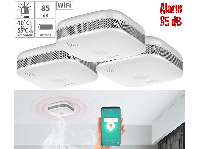 VisorTech WiFi Rauchmelder:3er-Set WLAN-Design-Rauchmelder Mit Weltweiter App-Benachrichtigung