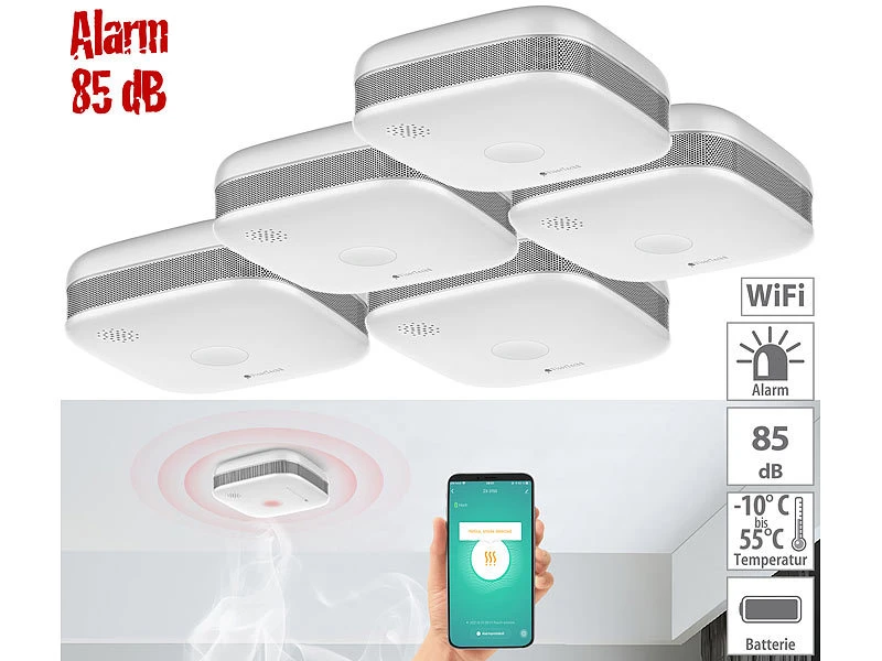 VisorTech Rauchwarnmelder:5er-Set WLAN-Design-Rauchmelder Mit Weltweiter App-Benachrichtigung