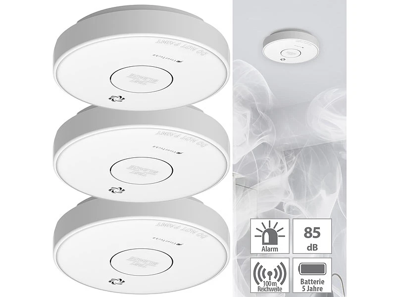 VisorTech Rauchmelder Vernetzbar:3er-Set Drahtlos Vernetzbare Funk-Rauchwarnmelder, 85 DB