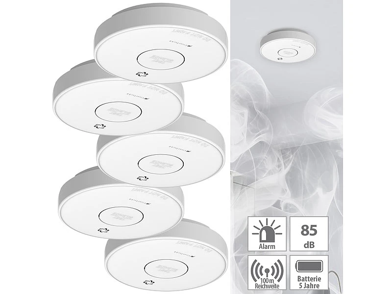 VisorTech Rauchmelder Funkvernetzt:5er-Set Drahtlos Vernetzbare Funk-Rauchwarnmelder, 85 DB