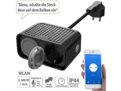 Luminea Home Control Aussensteckdose:Outdoor-WLAN-2-fach-Steckdose Komp. Zu Amazon Alexa & Google Assistant