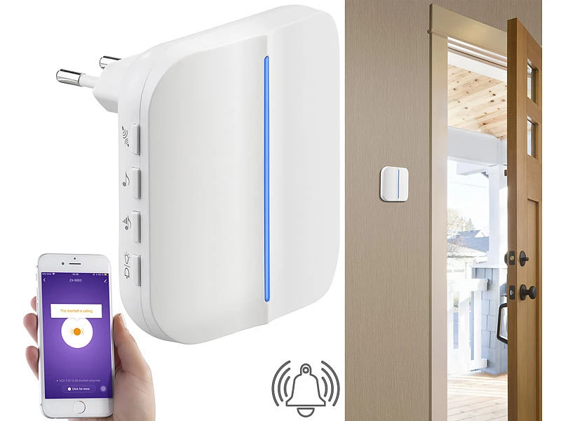 Somikon WLAN Türklingel:2 WLAN-Steckdosen-Empfänger, Kinetischer Klingelknopf, App, 100m, 80dB - Image 5