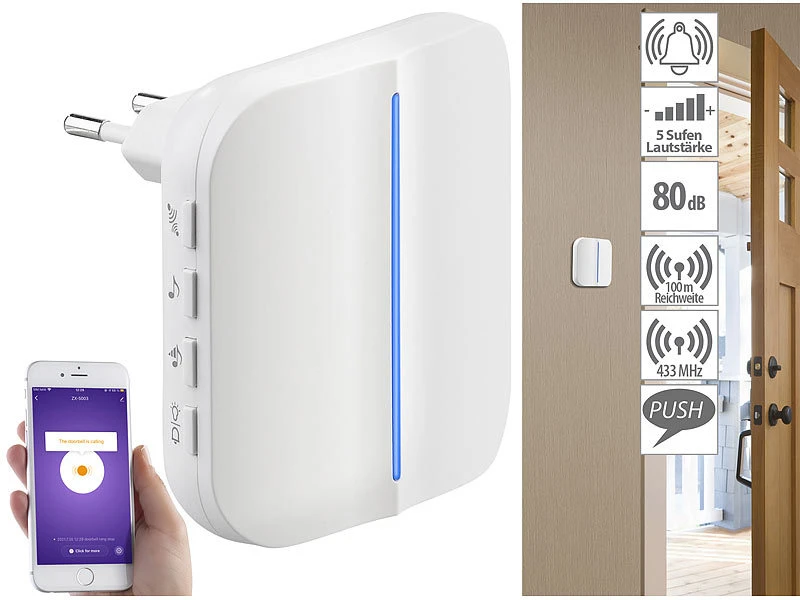 Somikon WLAN Türklingel:2 WLAN-Steckdosen-Empfänger, Kinetischer Klingelknopf, App, 100m, 80dB - Image 4