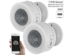 Luminea Home Control WLAN Thermostat:2er-Set WLAN-Bewegungsmelder, Temperatur- & Luftfeuchtigkeits-Sensor