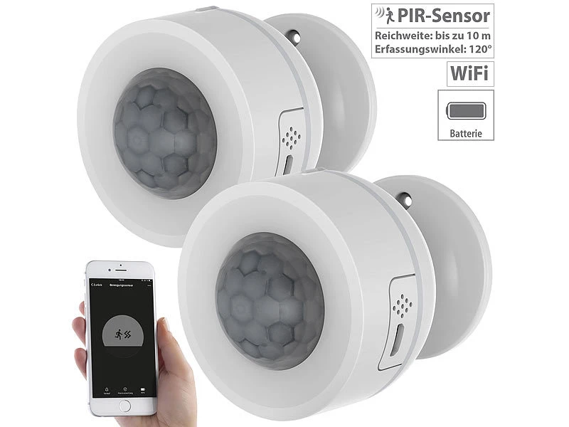 Luminea Home Control WLAN Thermostat:2er-Set WLAN-Bewegungsmelder, Temperatur- & Luftfeuchtigkeits-Sensor